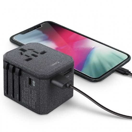 UNIQ Govern. network. Voyage World Adapter 33W + 2xUSB + PD 18W + QC 3.0 gray / charcoal gray (LITHOS Collective)