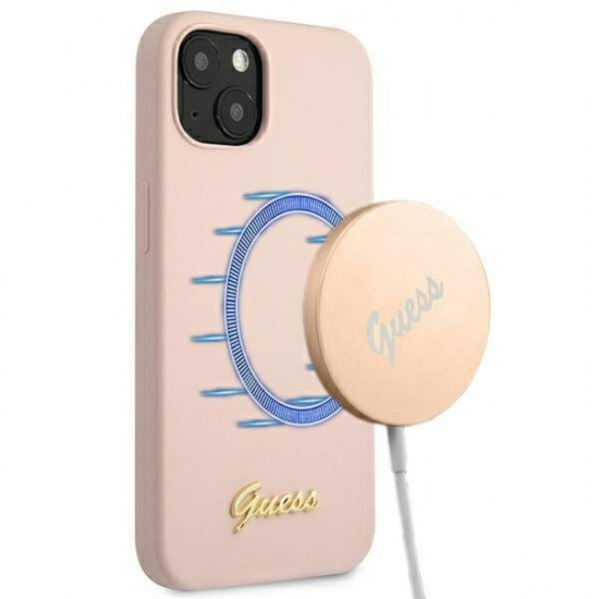 Guess GUHMP13MLSLMGLP iPhone 13 6.1 &quot;light pink / light pink hardcase Silicone Script Gold Logo Magsafe