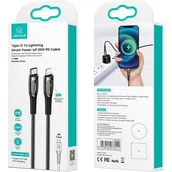 USAMS Nylon Cable USB-C - Lightning Smart Power-off 20W PD Cable 1.2m black SJ518USB01 (US-SJ518)