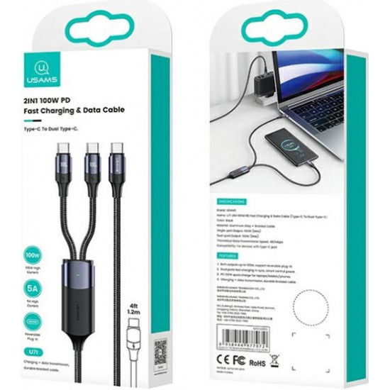 USAMS Cable U71 2xUSB-C - USB-C 1,2m 100W PD Fast Charge black SJ551USB01 (US-SJ551)