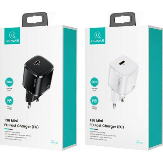 USAMS Wall Charger 1xUSB-C T36 mini 20W PD3.0 Fast Charging black CC124TC01 (US-CC124)