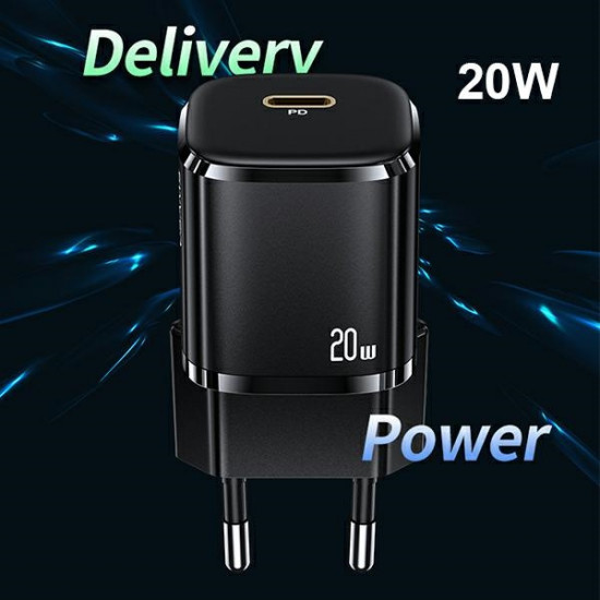 USAMS Wall Charger 1xUSB-C T36 mini 20W + cable USB-C-Lightning black PD3.0 Fast Charging XFKXLOGTL01 (US-CC124+US-SJ484)