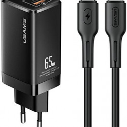 USAMS Wall Charger MT 2xUSB-C+USB GaN 65W T33 PD + cable USB-C-Lightning 30W Fast Charging black MTXLOGTL01