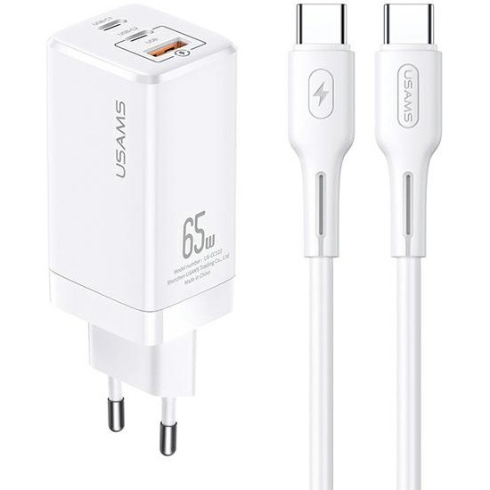 USAMS Wall Charger MT 2xUSB-C+USB GaN 65W T33 PD + cable USB-C-USB-C 100W Fast Charging white MTXLOGTC02