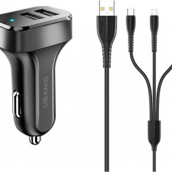 USAMS Car Charger 2xUSB C13 2,1A 3in1 (microUSB/USB-C/Lightning) black NTU35YTSC13TZ