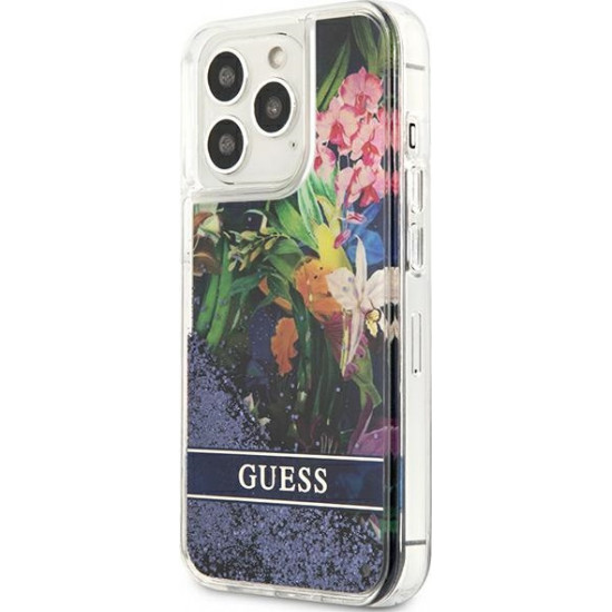 Guess GUHCP13XLFLSB Apple iPhone 13 Pro Max blue hardcase Flower Liquid Glitter