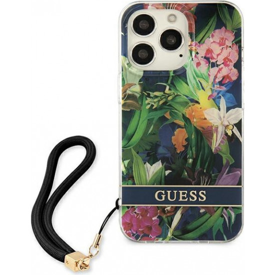 Guess GUHCP13XHFLSB Apple iPhone 13 Pro Max blue hardcase Flower Strap