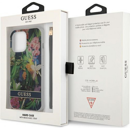 Guess GUHCP13XHFLSB Apple iPhone 13 Pro Max blue hardcase Flower Strap