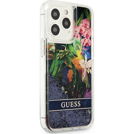 Guess GUHCP13LLFLSB Apple iPhone 13 Pro blue hardcase Flower Liquid Glitter