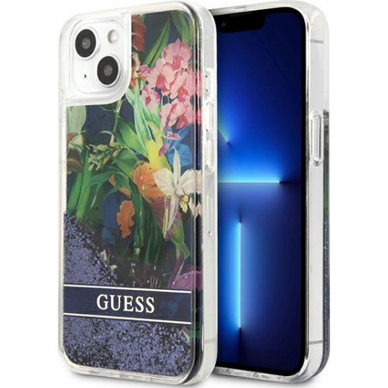 Guess GUHCP13SLFLSB Apple iPhone 13 mini blue hardcase Flower Liquid Glitter