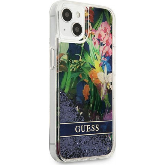 Guess GUHCP13SLFLSB Apple iPhone 13 mini blue hardcase Flower Liquid Glitter