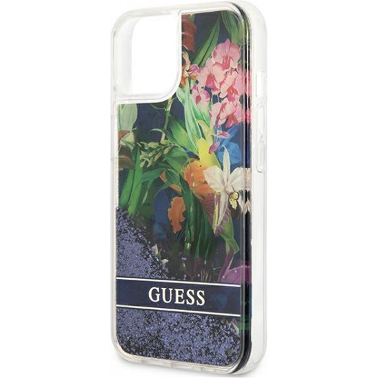 Guess GUHCP13SLFLSB Apple iPhone 13 mini blue hardcase Flower Liquid Glitter