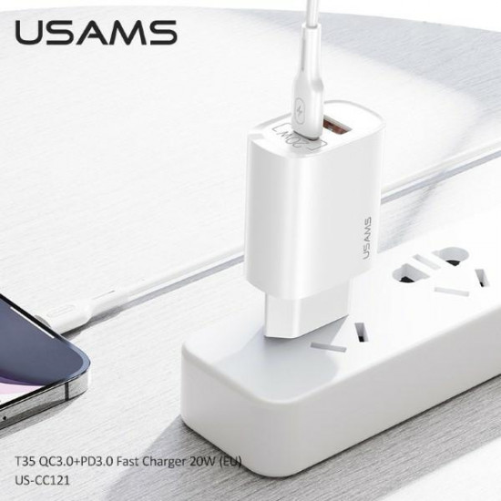 USAMS Wall Charger 1xUSB-C+1xUSB T35 20W PD3.0 +QC3.0 Fast Charging white CC121TC01 (US-CC121)