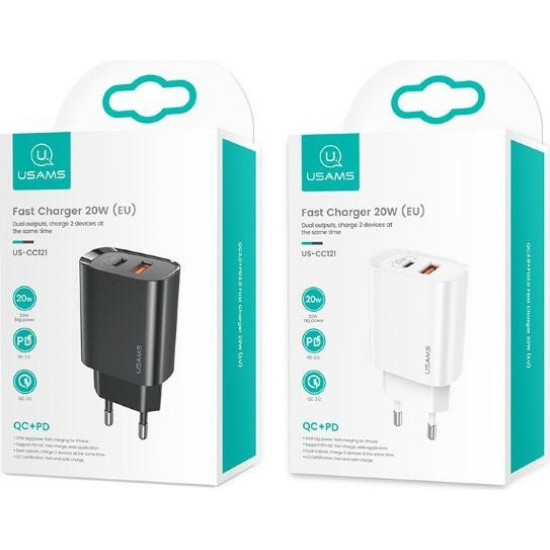 USAMS Wall Charger 1xUSB-C+1xUSB T35 20W PD3.0 +QC3.0 Fast Charging white CC121TC01 (US-CC121)