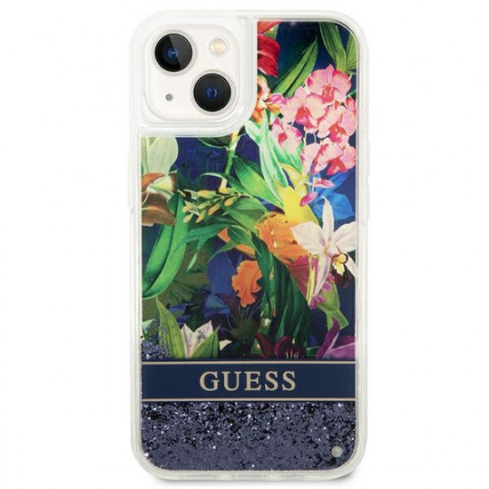 Guess GUHCP14SLFLSB Apple iPhone 14 blue hardcase Flower Liquid Glitter