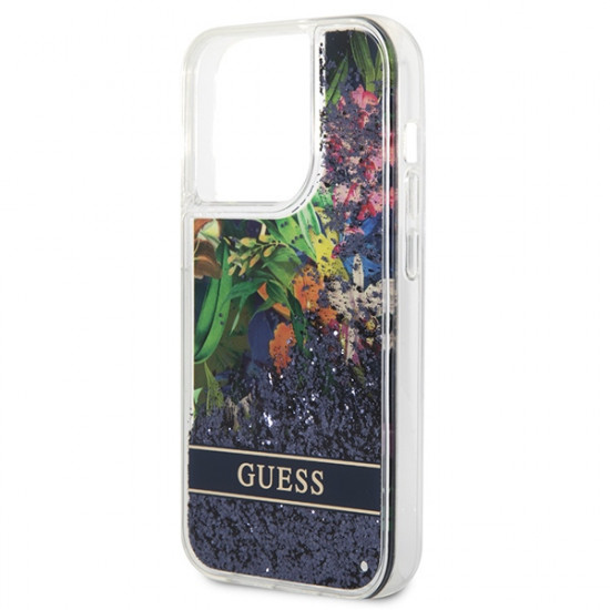 Guess GUHCP14LLFLSB Apple iPhone 14 Pro blue hardcase Flower Liquid Glitter