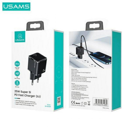 USAMS Wall Charger 1xUSB-C T42 mini 25W Super SI 5V-3A PD3.0 Fast Charging black CC140TC01 (US-CC140)