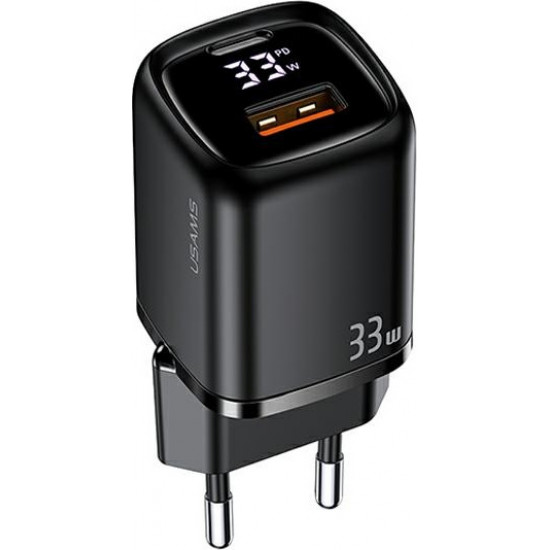 USAMS Wall Charger 1xUSB-C+1xUSB T46 33W PD3.0 +QC3.0 Fast Charging black CC152TC01 (US-CC152)