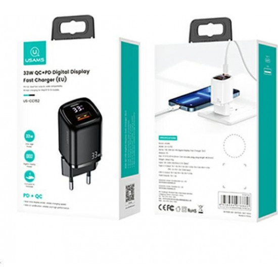 USAMS Wall Charger 1xUSB-C+1xUSB T46 33W PD3.0 +QC3.0 Fast Charging black CC152TC01 (US-CC152)