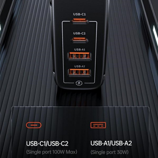 USAMS Wall Charger 2xUSB-C+2xUSB T44 100W PD3.0 +QC3.0 Fast Charging black CC145TC01 (US-CC145)