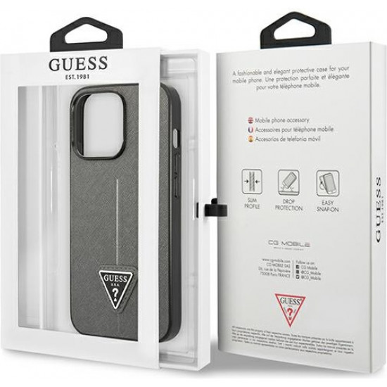 Guess GUHCP13XPSATLG Apple iPhone 13 Pro Max silver hardcase Saffiano Triangle Logo