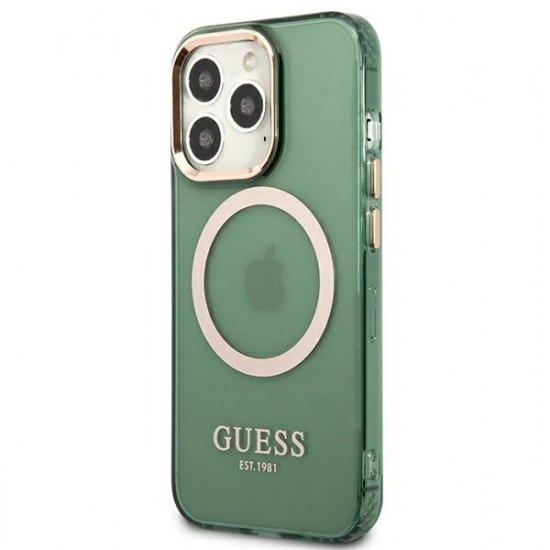 Guess GUHMP13LHTCMA Apple iPhone 13 Pro khaki hard case Gold Outline Translucent MagSafe