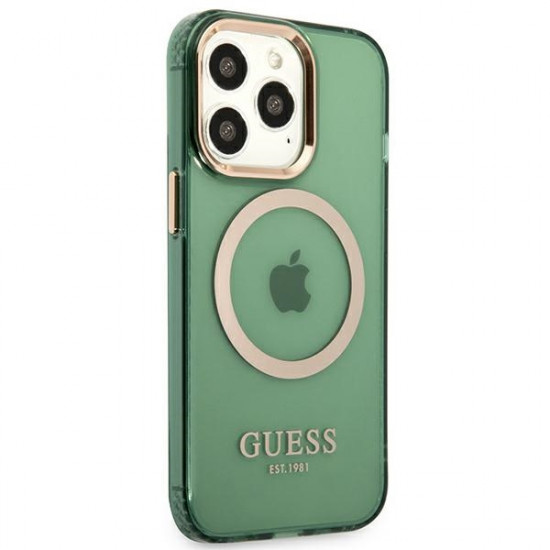 Guess GUHMP13LHTCMA Apple iPhone 13 Pro khaki hard case Gold Outline Translucent MagSafe