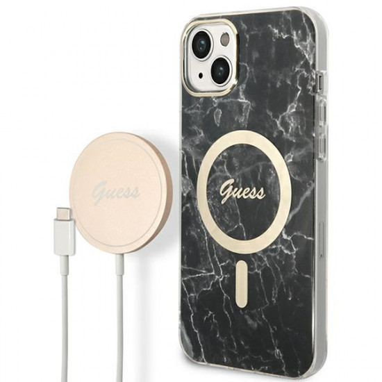 Guess GUBPP14SHMEACSK Case + Wireless Charger Apple iPhone 14 black hard case Marble MagSafe