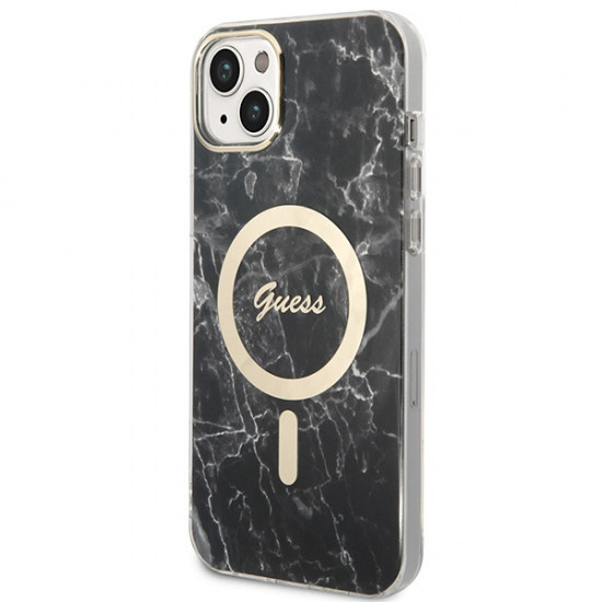 Guess GUBPP14SHMEACSK Case + Wireless Charger Apple iPhone 14 black hard case Marble MagSafe