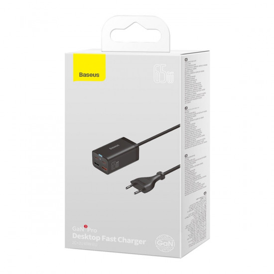 Baseus GaN3 Pro Desktop Fast Charger 2C+2U 65W EU Black(Include: Baseus Xiaobai series fast charging Cable Type-C to Type-C 100W(20V/5A) 1m Black）