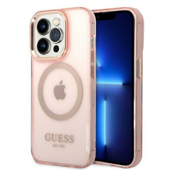 Guess GUHMP14LHTCMP Apple iPhone 14 Pro pink hard case Gold Outline Translucent MagSafe