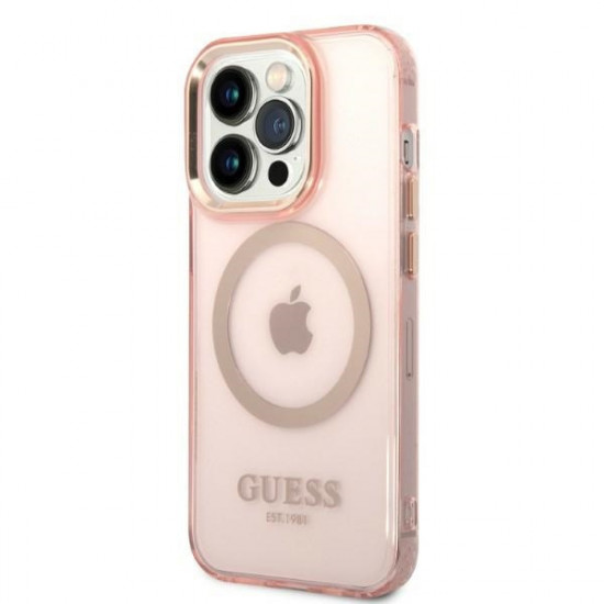 Guess GUHMP14LHTCMP Apple iPhone 14 Pro pink hard case Gold Outline Translucent MagSafe