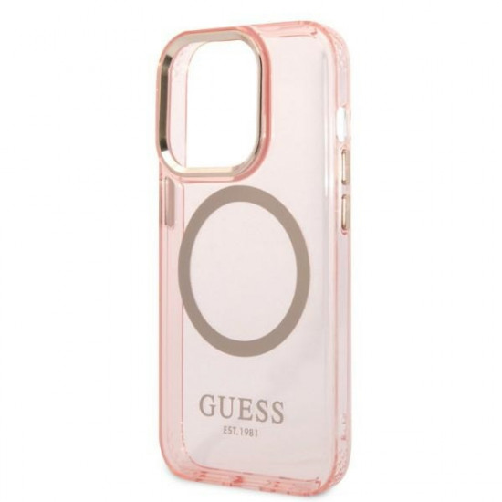 Guess GUHMP14LHTCMP Apple iPhone 14 Pro pink hard case Gold Outline Translucent MagSafe