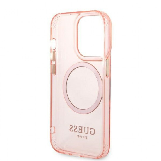 Guess GUHMP14LHTCMP Apple iPhone 14 Pro pink hard case Gold Outline Translucent MagSafe