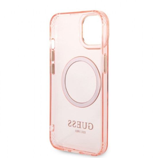 Guess GUHMP14SHTCMP Apple iPhone 14 pink hard case Gold Outline Translucent MagSafe