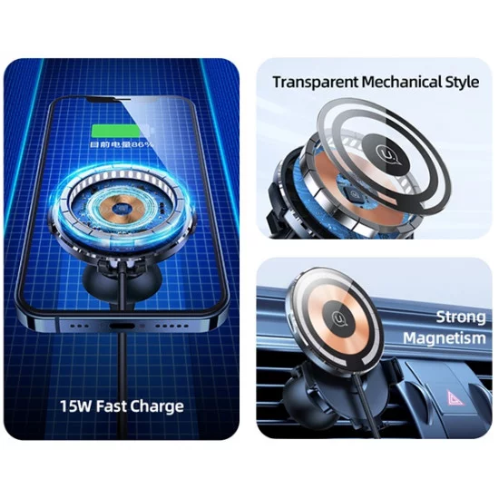 Chargeur sans fil voiture magnetique grille de ventillation (15W) Usams  US-CD164 Transparent