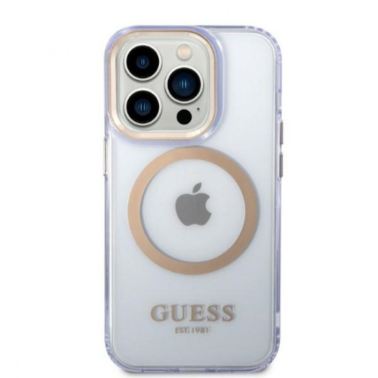 Guess GUHMP14LHTCMU iPhone 14 Pro 6.1" purple hard case Gold Outline Translucent MagSafe