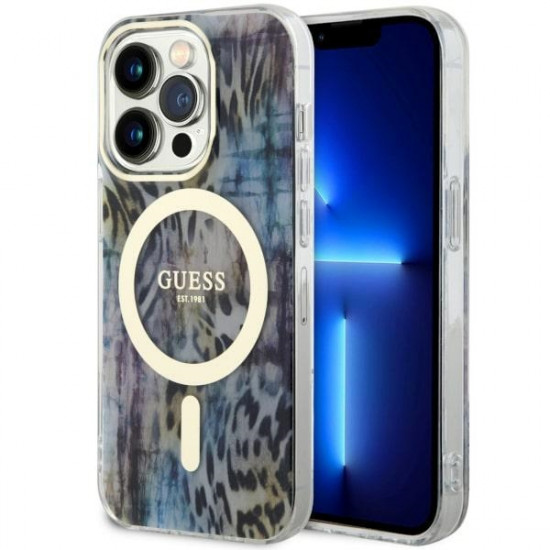 Guess GUHMP14LHLEOPWB iPhone 14 Pro 6.1" blue hardcase Leopard MagSafe