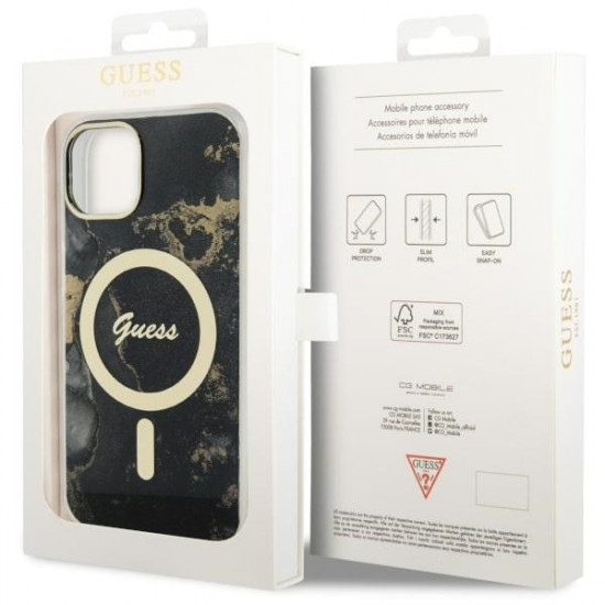 Guess GUHMP14SHTMRSK iPhone 14 6.1" black hardcase Golden Marble MagSafe