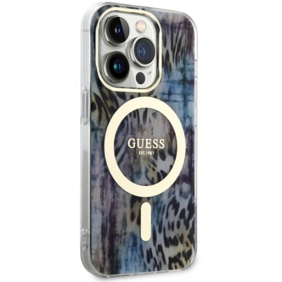 Guess GUHMP14XHLEOPWB iPhone 14 Pro Max 6.7" blue hardcase Leopard MagSafe