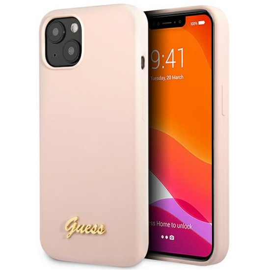 Guess GUHCP13MLSLMGLP iPhone 13 6,1" pink hardcase Silicone Script Gold Logo