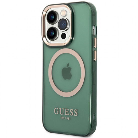 Guess GUHMP14LHTCMA iPhone 14 Pro 6.1" khaki hard case Gold Outline Translucent MagSafe