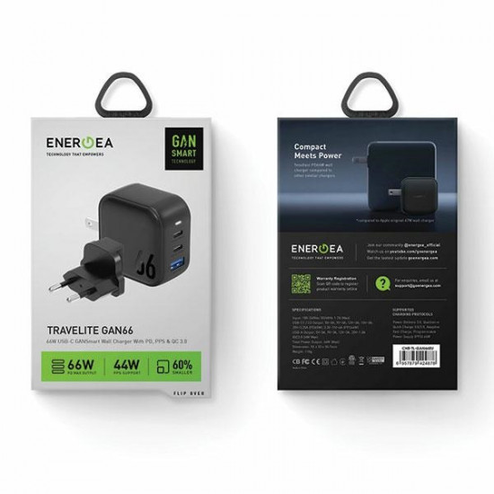 ENERGEA wall charger 1xUSB+2xUSB-C PD-PPS-QC 3.0 66W 2C1A black US+EU Travelite GAN66