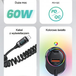 USAMS US-CC193 car charger 1xUSB-A 18W+1xUSB-C 30W + cable Lightning 30W PD+QC Fast Charge black