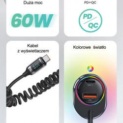 USAMS US-CC192 car charger 1xUSB-A 18W+1xUSB-C 30W + cable USB-C 30W PD+QC Fast Charge black
