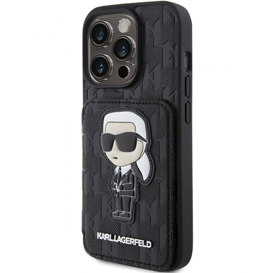 Karl Lagerfeld KLHCP15LSAKKNSCK iPhone 15 Pro 6.1" black hardcase Saffiano Cardslots and Stand Monogram Ikonik Patch