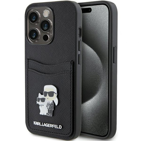 Karl Lagerfeld KLHCP15LSAPKCNPK iPhone 15 Pro 6.1" black hardcase Saffiano Cardslot Karl&Choupette Metal Pin