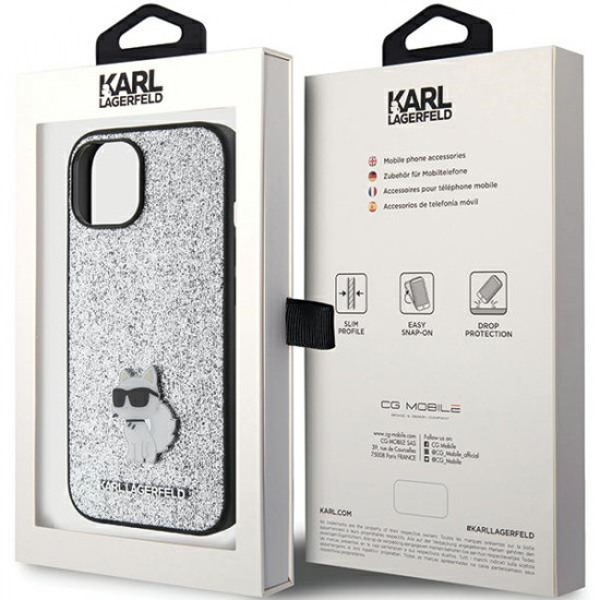 Karl Lagerfeld KLHCP15SGCNPSG iPhone 15 6.1" silver hardcase Fixed Glitter Choupette Logo Metal Pin