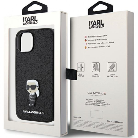 Karl Lagerfeld KLHCP15SGKNPSK iPhone 15 6.1" black hardcase Fixed Glitter Ikonik Logo Metal Pin