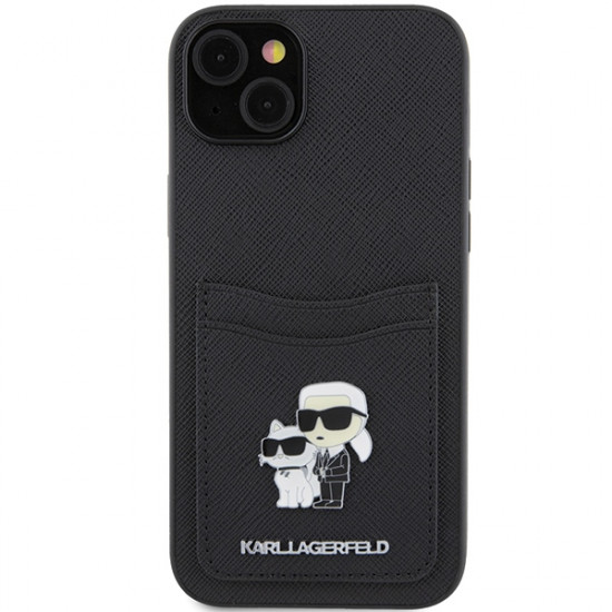 Karl Lagerfeld KLHCP15SSAPKCNPK iPhone 15 6.1" black hardcase Saffiano Cardslot Karl&Choupette Metal Pin